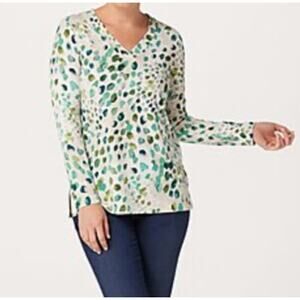 Susan Graver Top Womens 1X Green Blue Painted Brushed Liquid Knit V-Neck Tunic